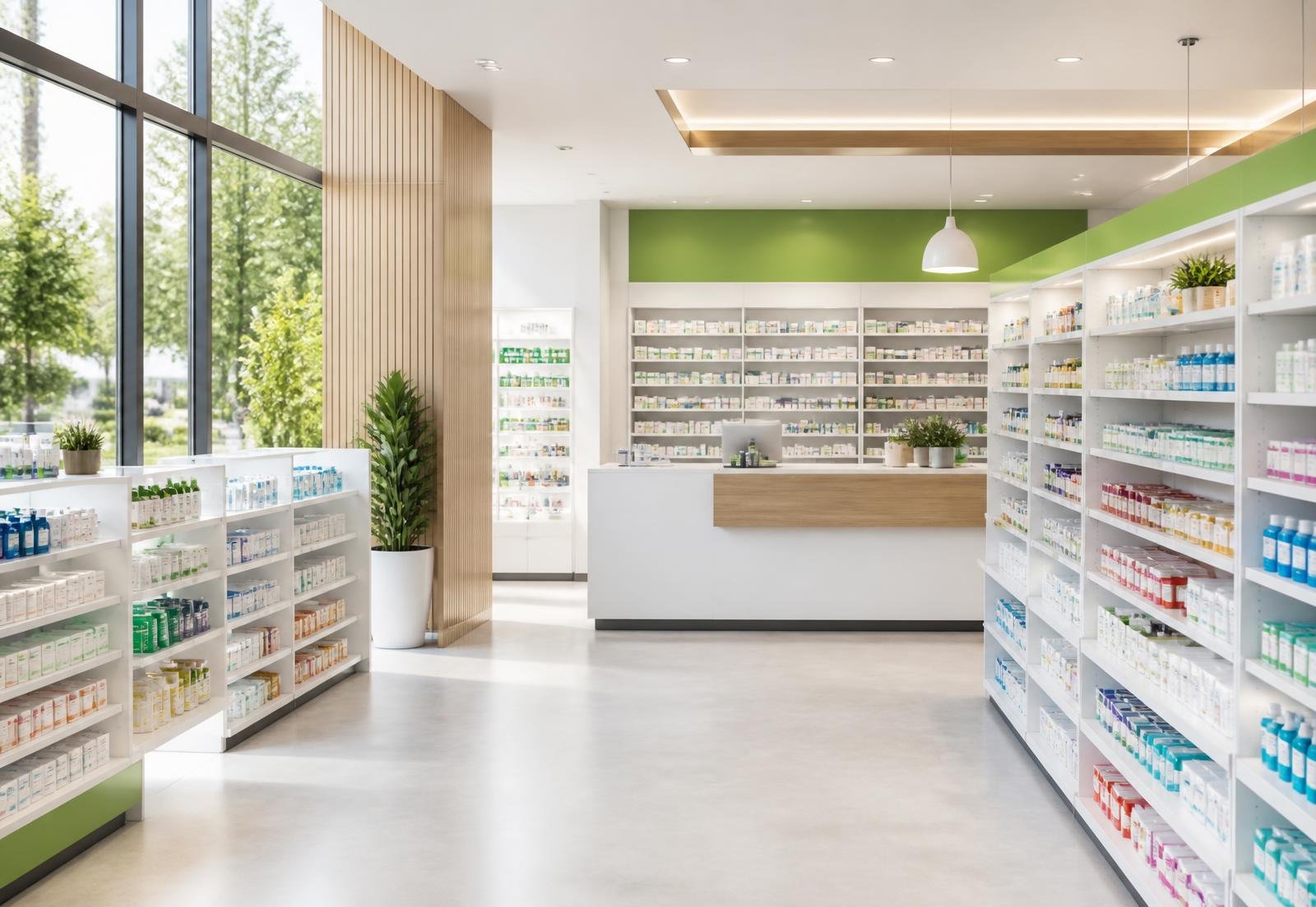 Interior da Droganita Popular com prateleiras organizadas de medicamentos e produtos de higiene